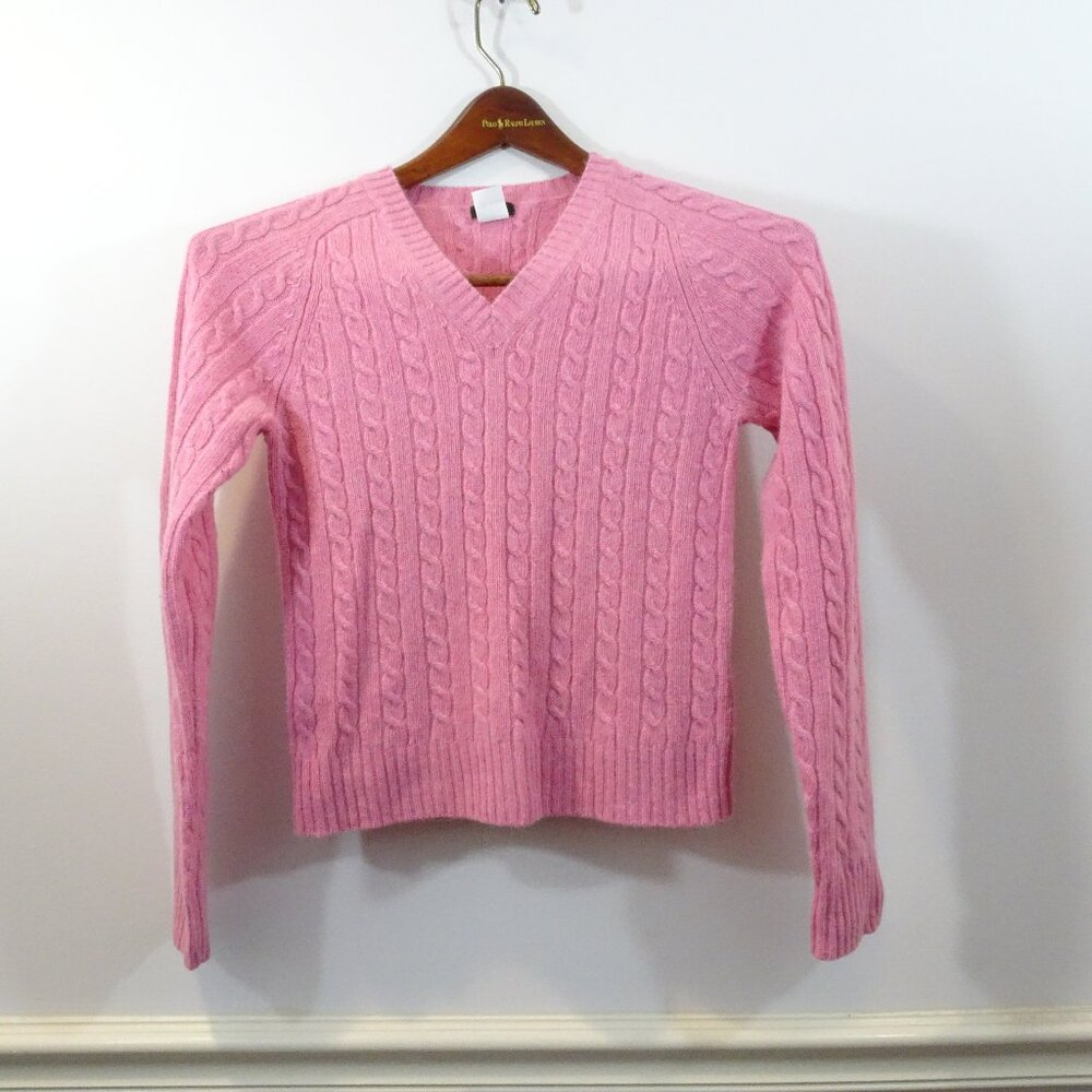 J.Crew Pink Merino Wool Angora Cashmere Blend Cable Knit V Neck Sweater Size XS